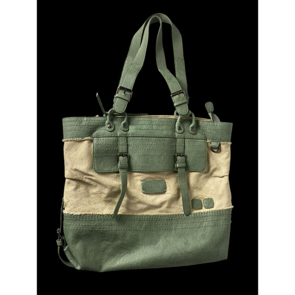 Sherpani Nola Large Shoulder Tote Bag Laptop Briefbag Leather Canvas Green Beige - Picture 1 of 16